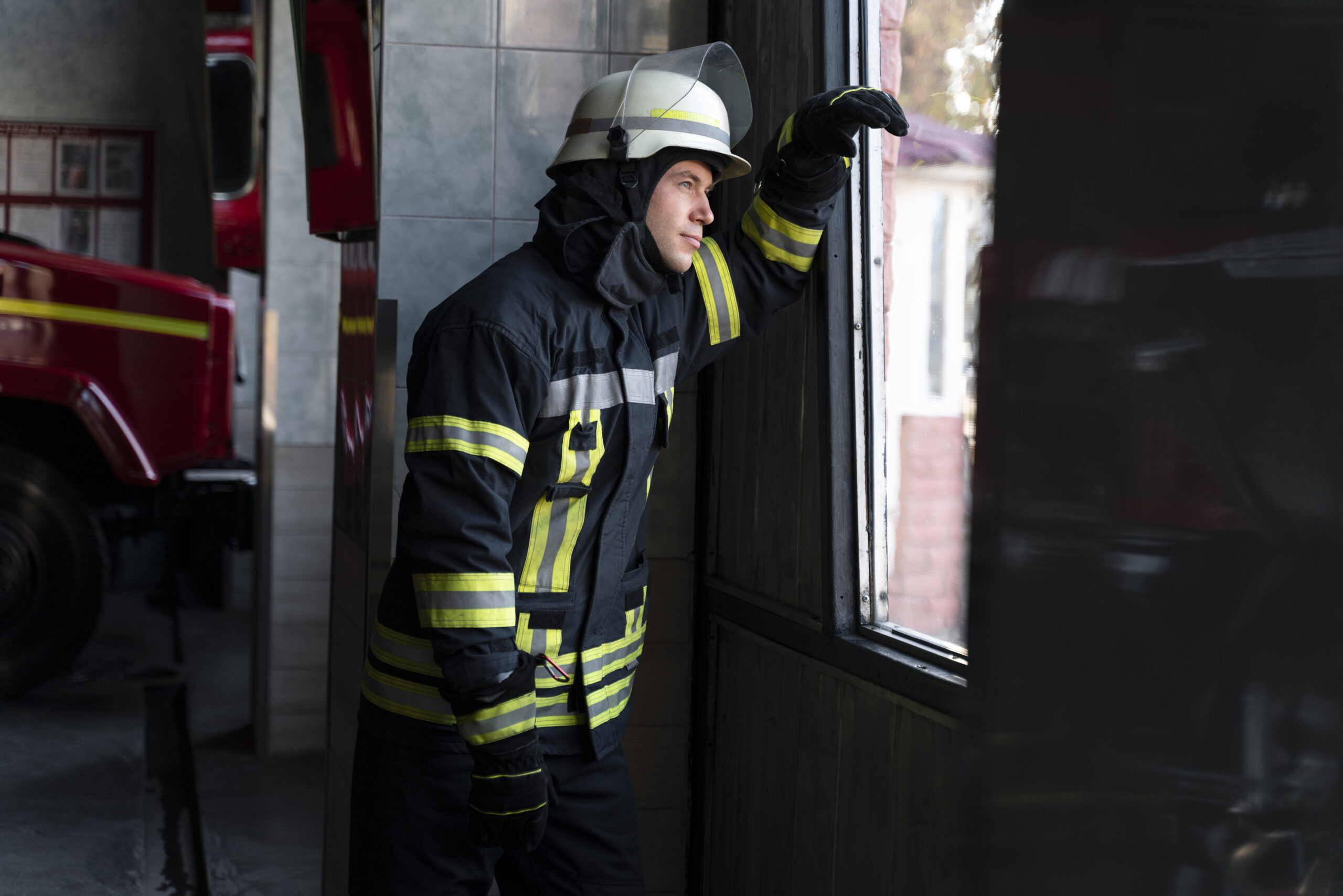 male firefighter station equipped with suit safety helmet